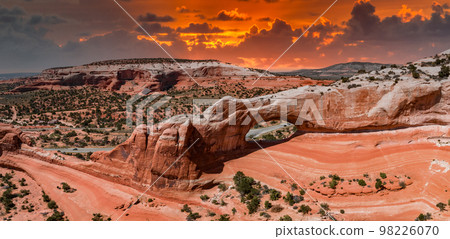 Aerial view of the Arches National Park in Arizona, USA. Amazing rock formation - The Wave. Parya Canyon Vermillion Cliffs, Coyote Buttes Wilderness 98226070
