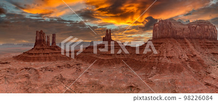 Aerial view of the Rock formations in the Monument valley. Landscape of Monument valley. Panoramic view. Navajo tribal park in Arizona, USA. Aerial view of the Rock formations in the Monument valley. Landscape of Monument valley. Panoramic view. Navajo tribal park in Arizona, USA. 98226084