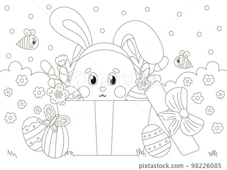 Cute coloring page for easter holidays with bunny character in gift box with flowers and bees in scandinavian style Cute coloring page for easter holidays with bunny character in gift box with flowers and bees in scandinavian style 98226085