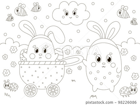 Cute coloring page for easter holidays with bunny character in country cart in scandinavian style, printable game Cute coloring page for easter holidays with bunny character in country cart in scandinavian style, printable game 98226086