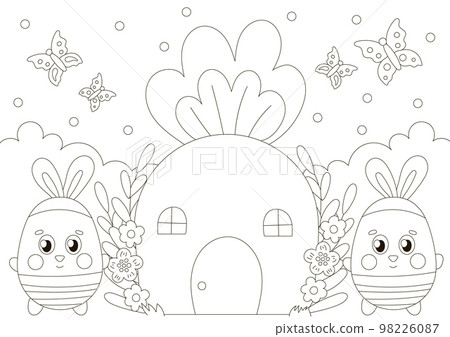 Cute coloring page for easter holidays with bunny characters near carrot house in scandinavian style, printable game 98226087