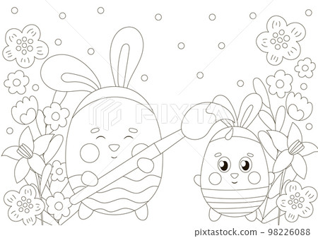 Cute coloring page for easter holidays with bunny character painting egg character 98226088