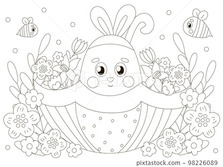 Cute coloring page for easter with bunny character in umbrella with flowers in scandinavian style with bees Cute coloring page for easter with bunny character in umbrella with flowers in scandinavian style with bees 98226089