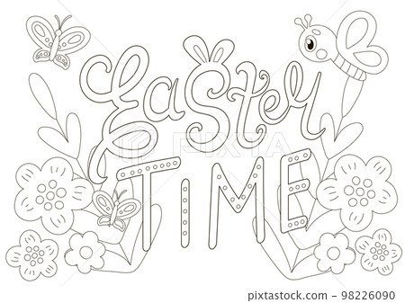 Cute coloring page for easter with scandinavian style lettering and butterfliy chatacters Cute coloring page for easter with scandinavian style lettering and butterfliy chatacters 98226090