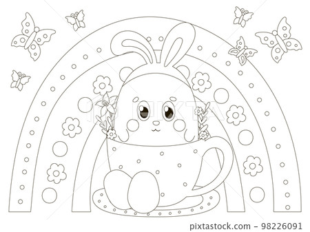 Cute coloring page for easter with bunny character in cup with flowers and scandinavian style rainbow Cute coloring page for easter with bunny character in cup with flowers and scandinavian style rainbow 98226091
