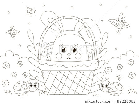 Cute coloring page for easter with bunny character in basket with flowers and butterflies Cute coloring page for easter with bunny character in basket with flowers and butterflies 98226092