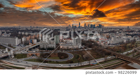 Panoramic aerial view of the modern skyscrapers and business center in Warsaw. View of the city center from above in Warsaw, Poland. Panoramic aerial view of the modern skyscrapers and business center in Warsaw. View of the city center from above in Warsaw, Poland. 98226099