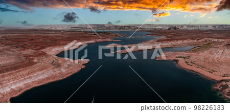 Aerial top view of lake Powell and Glen Canyon in Arizona. Lake Powell National Park Landscape. Aerial top view of lake Powell and Glen Canyon in Arizona. Lake Powell National Park Landscape. 98226183
