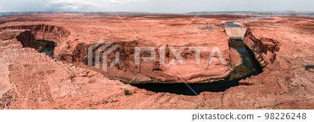 Aerial view of the Grand Canyon Upriver Colorado River Glen Canyon Dam in Arizona USA. Scenic view of the Glen Canyon Dam. Aerial view of the Grand Canyon Upriver Colorado River Glen Canyon Dam in Arizona USA. Scenic view of the Glen Canyon Dam. 98226248