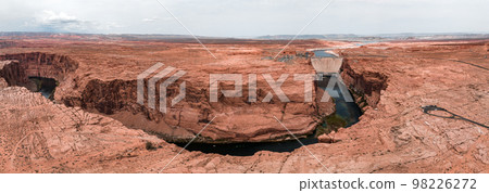Aerial view of the Grand Canyon Upriver Colorado River Glen Canyon Dam in Arizona USA. Scenic view of the Glen Canyon Dam. 98226272