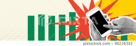 Contemporary art collage. Conceptual design. Man working on phone, making notes about company analytics. Warning, crisis Contemporary art collage. Conceptual design. Man working on phone, making notes about company analytics. Warning, crisis 98226382