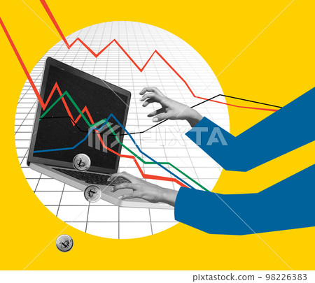 Contemporary art collage. Conceptual design. human hands actively working, typing on laptop with graphs of crypto trade market analytics Contemporary art collage. Conceptual design. human hands actively working, typing on laptop with graphs of crypto trade market analytics 98226383