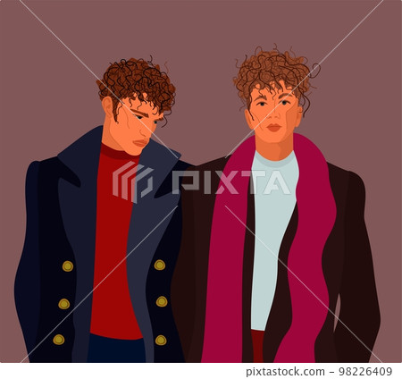 Two young men in warm outfit. Vector illustration on dark pink background. Two male models with curly hair, in coats and sweaters. Two young men in warm outfit. Vector illustration on dark pink background. Two male models with curly hair, in coats and sweaters. 98226409