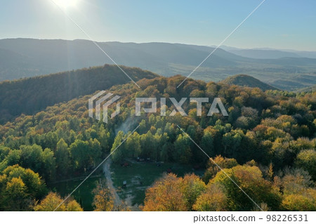 Autumn beech forests from a height, autumn in the mountains, autumn landscape in the mountains of Ukraine, 98226531