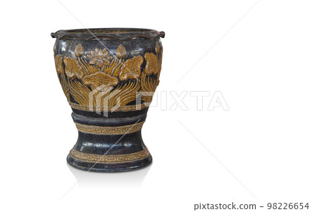 old yellow and black clay pot is placed on a yellow and black clay pedestal on white background, object, decor, vintage, copy space old yellow and black clay pot is placed on a yellow and black clay pedestal on white background, object, decor, vintage, copy space 98226654