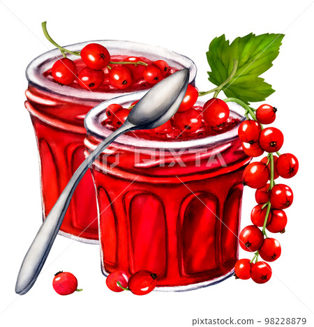 Watercolor jar with jelly isolated on white background. Hand drawn illustration. Clip art berry branches. Viva Magenta color. Watercolor jar with jelly isolated on white background. Hand drawn illustration. Clip art berry branches. Viva Magenta color. 98228879