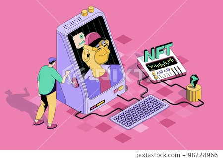 NFT technology concept in 3d isometric design. Man buying digital artworks with unique non-fungible tokens on online marketplaces. Vector isometry illustration with people scene for web graphic 98228966