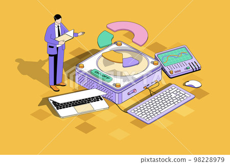 Business statistic concept in 3d isometric design. Man analyzes data and making financial report, studies charts of market research. Vector isometry illustration with people scene for web graphic 98228979