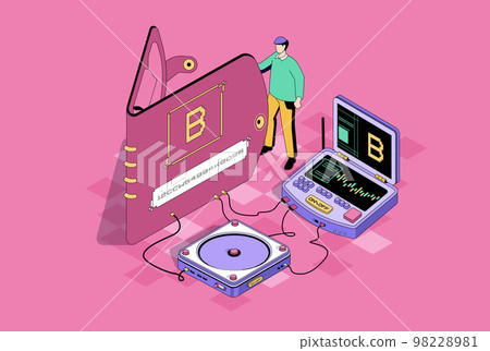 Bitcoin wallet concept in 3d isometric design. Man using secure electronic wallet for online transactions and earning cryptocurrency. Vector isometry illustration with people scene for web graphic 98228981