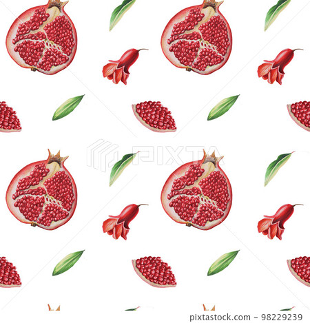 Watercolor seamless pattern with ripe pomegranate half cutted with leafs and flowers. Hand drawn realistic tasty garnet isolated on background 98229239