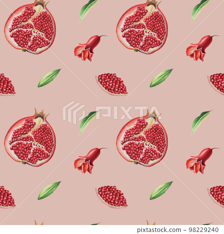 Watercolor seamless pattern with ripe pomegranate half cutted with leafs and flowers. Hand drawn realistic tasty garnet isolated on red background.  98229240