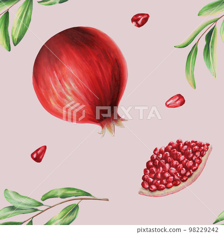 Watercolor seamless pattern with ripe pomegranate half cutted with leafs and flowers. Hand drawn realistic tasty organic garnet isolated on red Watercolor seamless pattern with ripe pomegranate half cutted with leafs and flowers. Hand drawn realistic tasty organic garnet isolated on red 98229242