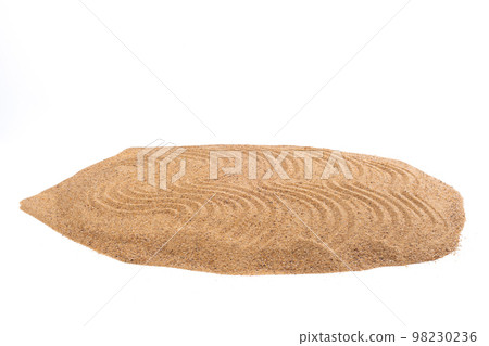 Desert sand pile, dune isolated white background. Gold White fine Sands on Beach island, destination of tropical ocean. Studio shot for detail texture, copy space 98230236