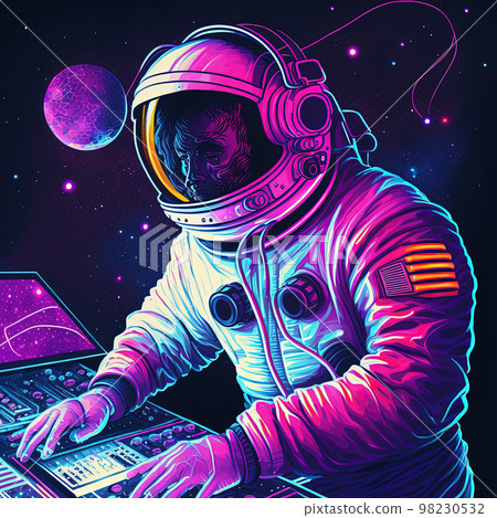 Cool party astronaut monkey dj in space in spacesuit. Pop art style in neon colors. Generative AI. Not based on any actual scene 98230532