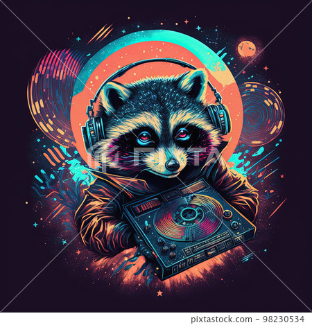 Raccoon dj, disc jockey in headphones playing music on turntable on stage deejay audio equipment. Generative AI. Not based on any actual scene 98230534