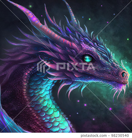 Iridescent psychedelic wolf in neon colors, howling. Spirit animal colorful portrait. Generative AI. Not based on any actual scene Iridescent psychedelic wolf in neon colors, howling. Spirit animal colorful portrait. Generative AI. Not based on any actual scene 98230540