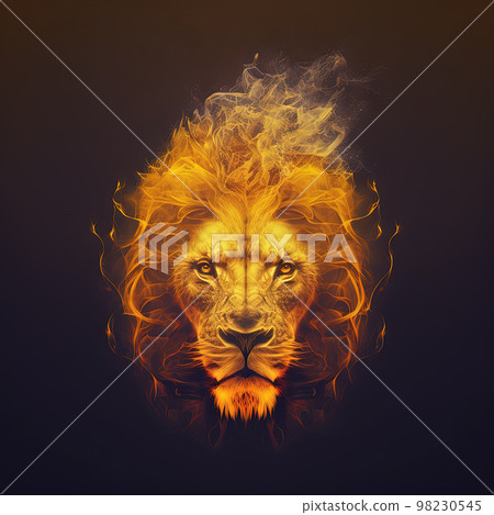 Double exposure of wild lion head and fire with flames and smoke on black background. Fantasy art of lion. Generative AI. Not based on any actual scene 98230545