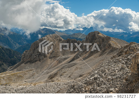 Dolomite rock wall at mountain range. Dolomites UNESCO Italian Alps landscape 98231727
