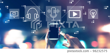 Podcast theme with city lights at night Podcast theme with city lights at night 98232575