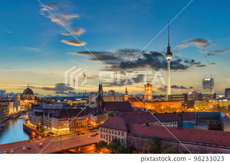 Berlin Germany, sunset city skyline at TV Tower and Spree River Berlin Germany, sunset city skyline at TV Tower and Spree River 98233023