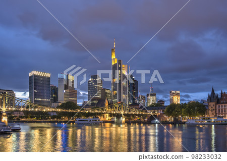Frankfurt Germany, night city skyline at Main River and business skyscraper 98233032
