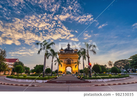 Vientiane Laos, sunrise city skyline at Patuxai (Patuxay) the most famous landmark in Vientiane Vientiane Laos, sunrise city skyline at Patuxai (Patuxay) the most famous landmark in Vientiane 98233035