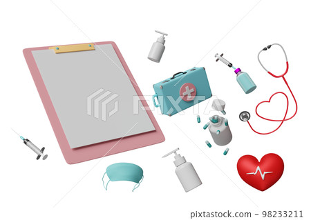 3d check list template with first aid kit bag, stethoscope, syringe, red heart, blood pressure heart rate isolated. health love or world heart day concept, 3d render illustration 98233211