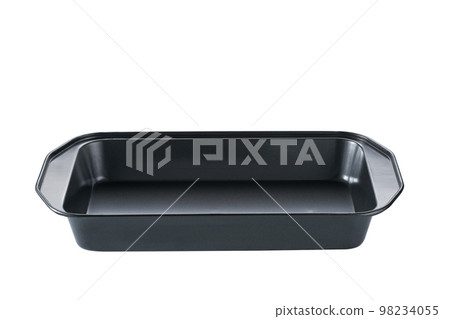 Empty oven tray for baking and roasting isolated. Rectangular baking pan for food design. Empty oven tray for baking and roasting isolated. Rectangular baking pan for food design. 98234055