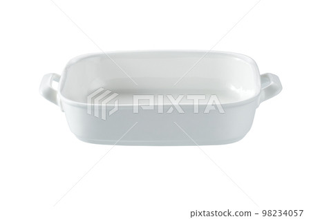 Ceramic cooking baking dish isolated on a white background. Empty ceramic white baking casserole dish. 98234057