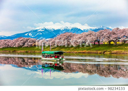 [Miyagi Prefecture/ Hitome Thousand Cherry Trees] Zao Mountain Range and Shiroishi River Embankment in early spring 98234133
