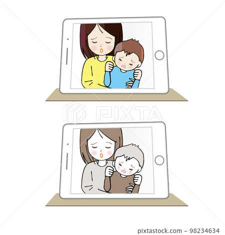 母親和男孩在平板電腦上打視頻電話，哭著臉傷心 98234634