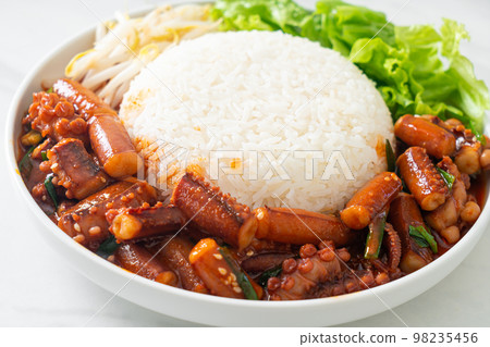 Stir-fried squid or octopus with Korean spicy sauce rice bowl Stir-fried squid or octopus with Korean spicy sauce rice bowl 98235456