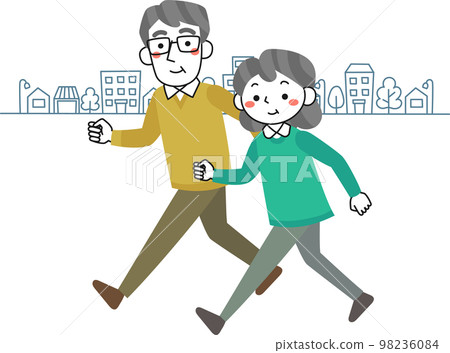微笑的老年男女興高采烈地走在城市裡 98236084