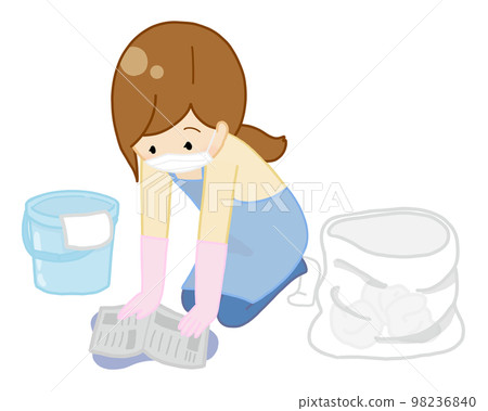 Woman processing vomit with newspaper (with background) 98236840