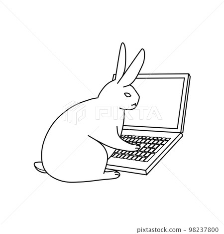 A rabbit touching a laptop keyboard (line drawing) 98237800