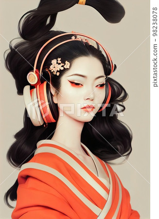 A fictional person, not based on a real person. A portrait of a creative Asian beauty wearing fancy headphones. 3d rendering 98238078