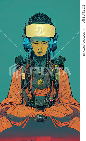 Portrait of Buddha in a futuristic cyberpunk style. A high-tech Buddha from the future. The concept of virtual reality and cyberpunk. Portrait of Buddha in a futuristic cyberpunk style. A high-tech Buddha from the future. The concept of virtual reality and cyberpunk. 98238221