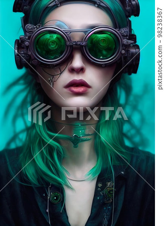A fictional person, not based on a real person. Portrait of a sci-fi cyberpunk girl. High-tech futuristic woman from the future. The concept of virtual reality and cyberpunk. 3D render. 98238367