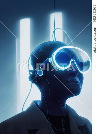 Fictional portrait of a grandfather in a futuristic cyberpunk style with a cyber headset. A high-tech man from the future. The concept of virtual reality and cyberpunk. 3D render 98238368
