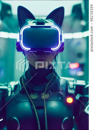 Realistic portrait of a sci-fi cyberpunk girl in a cyber suit. High-tech futuristic man from the future. The concept of virtual reality and cyberpunk. 3D render. 98238384